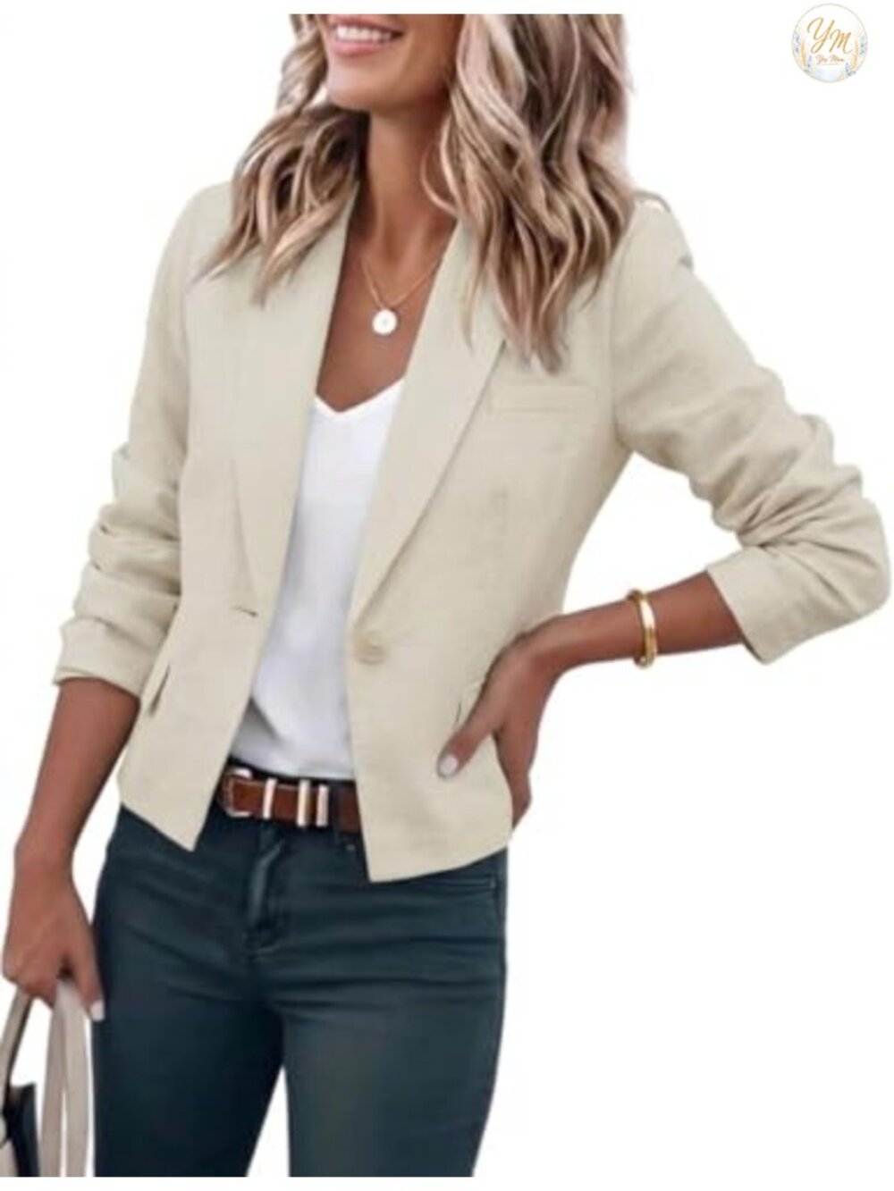 Women's Cropped Blazer Lightweight Cotton Linen Casual Suit Jacket